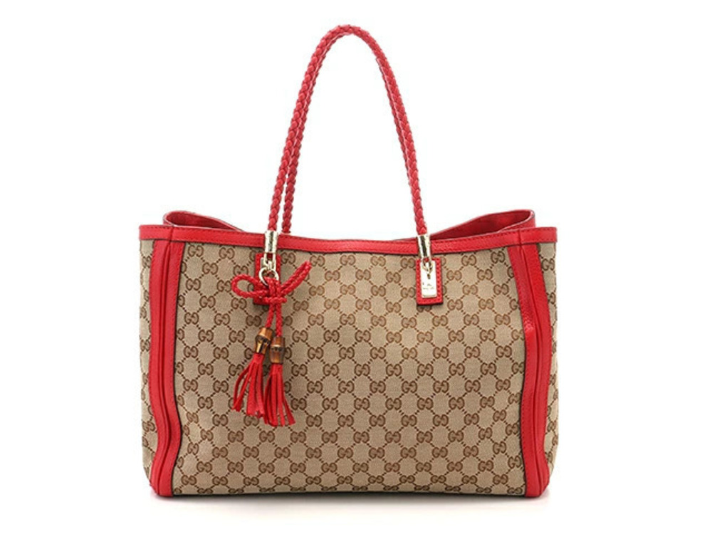 Gucci Shoulder Bag GG Tassel Canvas Calfskin Beige Cream Red